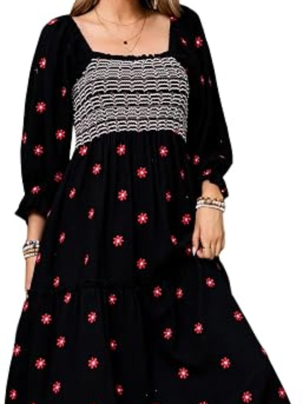 R.Vivimos Women's Cotton Floral Embroidered Boho Midi Dress with Pockets